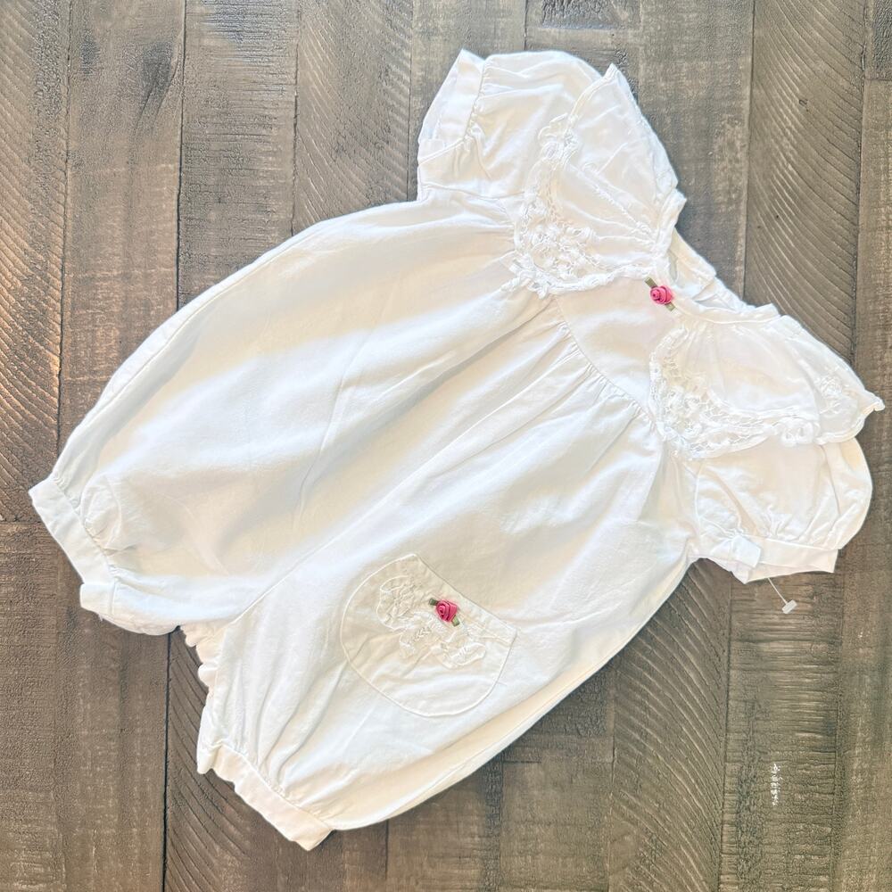 Allison Rose Baby Girl Heirloom Bubble Romper - White Lace & Pink Rose -Size 12M